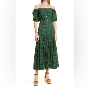 Veronica Beard Cali off the shoulder Forest Green Eyelet Midi Dress Sz 6
